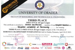 Dyplom zawodnika drużyny Białystok Dynamics za zajecie 3. miejsca w zawodach Robotics Championship Oradea 2023 fot. Białystok Dynamics _Politechnika Białostocka