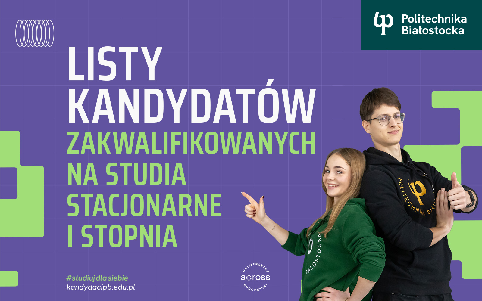 2026-07-rekrutacja-listy-zakwalifikowanych-na-studia-www grafika ze zdjęciem studenta i studentki PB. Napis: Listy kandydatów