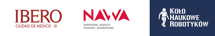Grafika - pasek z logo NAWA, robotyków, uczelnia w Meksyku