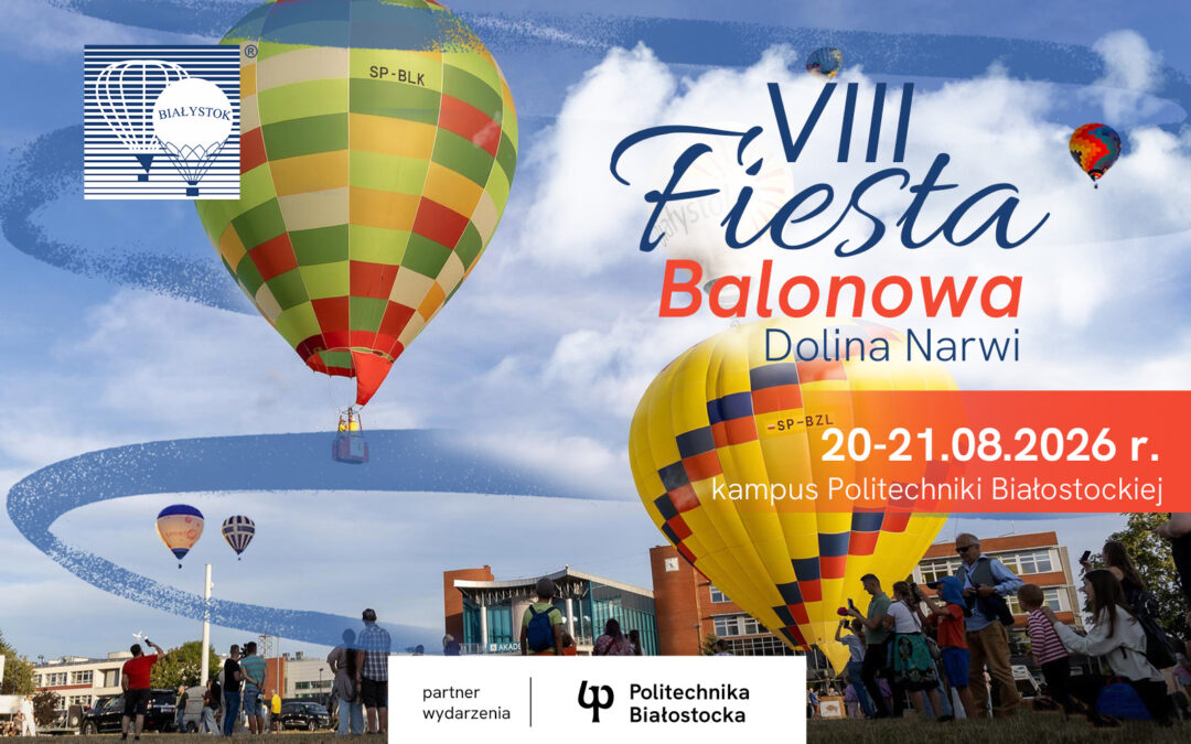 grafika pokazująca balony na kampusie PB - informuje o VIII Fieście Balonowej Dolina Narwii