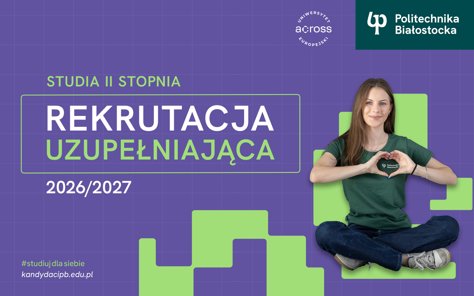 2026-08-rekrutacja-UZUP-II-Stopnia-www Studentka uśmiechnięta, grafika informuje o rekrutacji na studia II stopnia PB