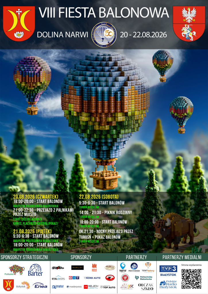 Plakat przedstawiający balony z klocków, informujący o VIII Fieście Balonowej Dolina Narwii