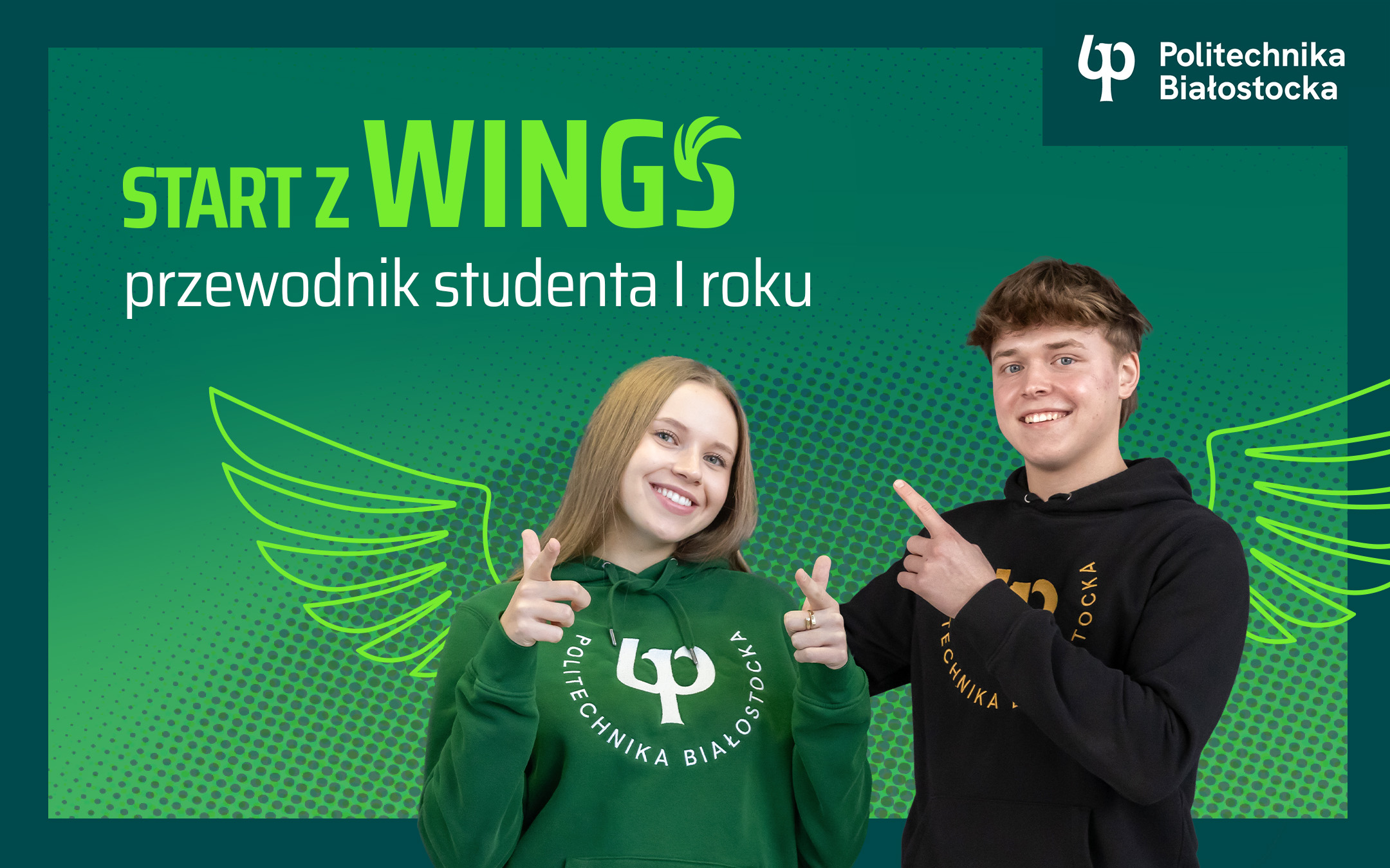 grafika przewodnika WINGS z uśmiechniętą studentką i studentem